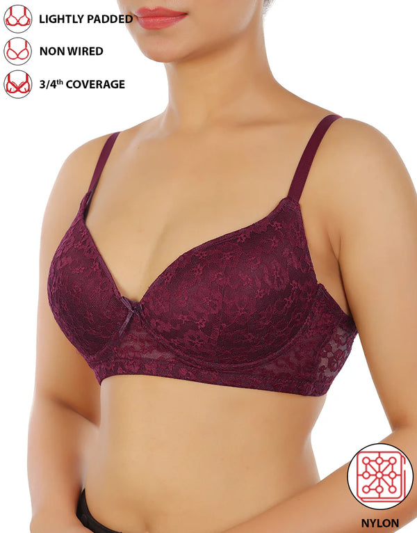 LIGHTLY PADDED WIRE-FREE 3/4TH COVERAGE ALL OVER LACE BRA- FIG